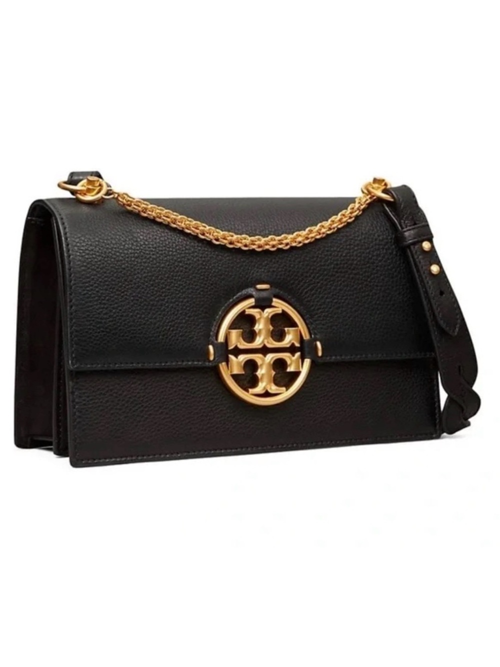 LIKE NEW Tory Burch Black Miller Mini Flap Bag with Gold Logo & chain